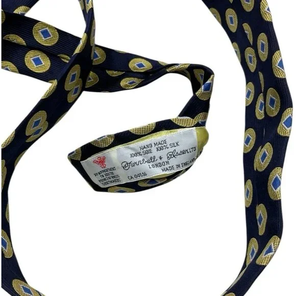TURNBULL & ASSER Men's Silk Necktie LUXURY Navy Yellow Medallion W:3.6" EUC - Picture 3 of 4